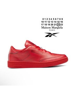 New MAISON MARGIELA REEBOK Logo Club C Tromp L’oeil Vector Red Leather Sneakers